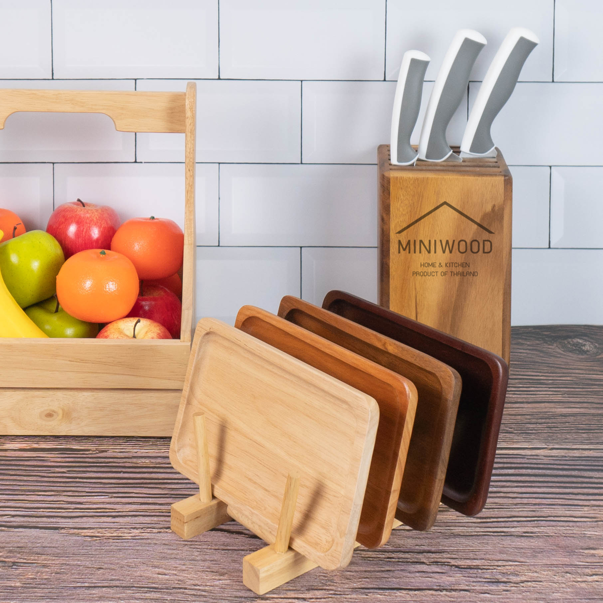 MINIWOOD จานไม้ ทรงสี่เหลี่ยม จานไม้ใส่อาหาร ถาดไม้ Food grade Wooden plate ไม้ยางพารา มี 2 ขนาด