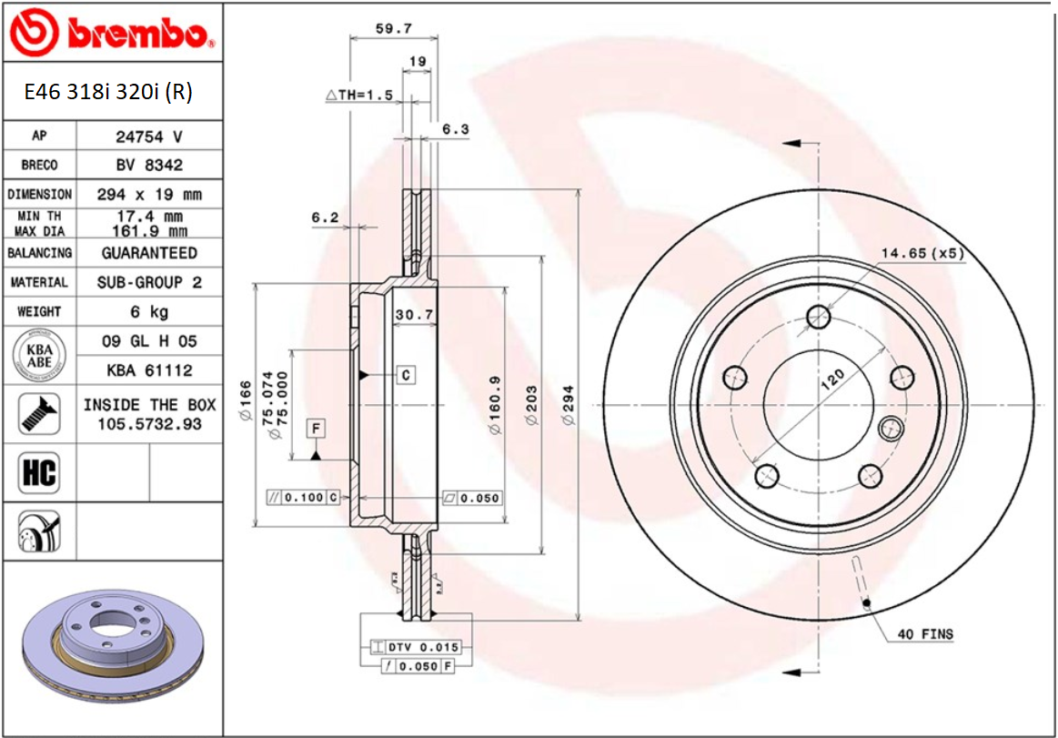 จานเบรค BMW E46 318i 320i (คู่หลัง) ปี 1998 - 2005 / Brembo