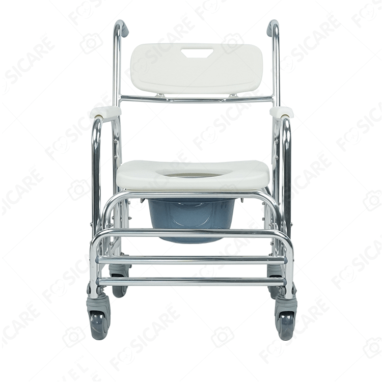 เก้าอี้นั่งถ่ายพร้อมอาบน้ำ โครงสร้างอะลูมิเนียมอัลลอย รุ่น W-05 เบาะแข็ง ฐานมีล้อ พร้อมพนักวางเท้า