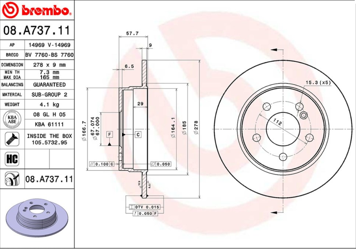 จานเบรค Mercedes-Benz W204 C180 200 (คู่หลัง) ปี 2011 - 2014 / Brembo