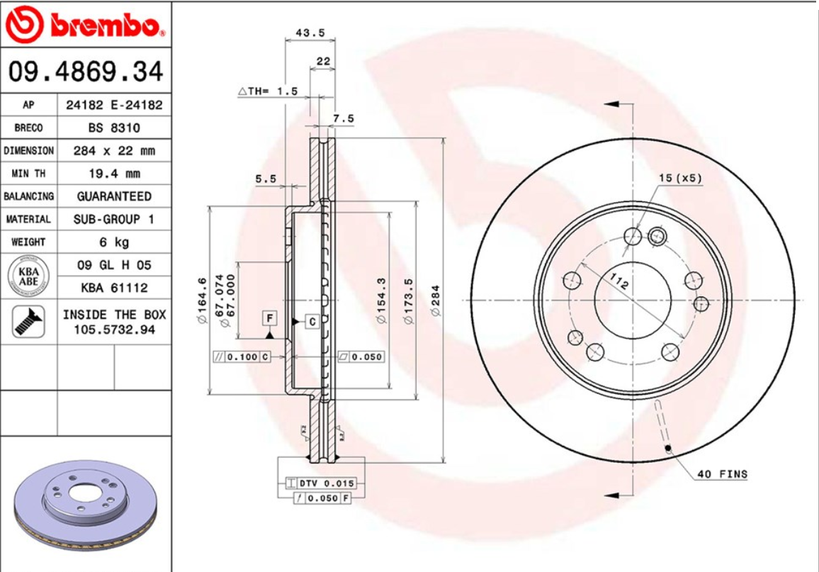 จานเบรค Mercedes-Benz W124 E/CE 200-300 (คู่หน้า) ปี 1989 - 1997 / Brembo