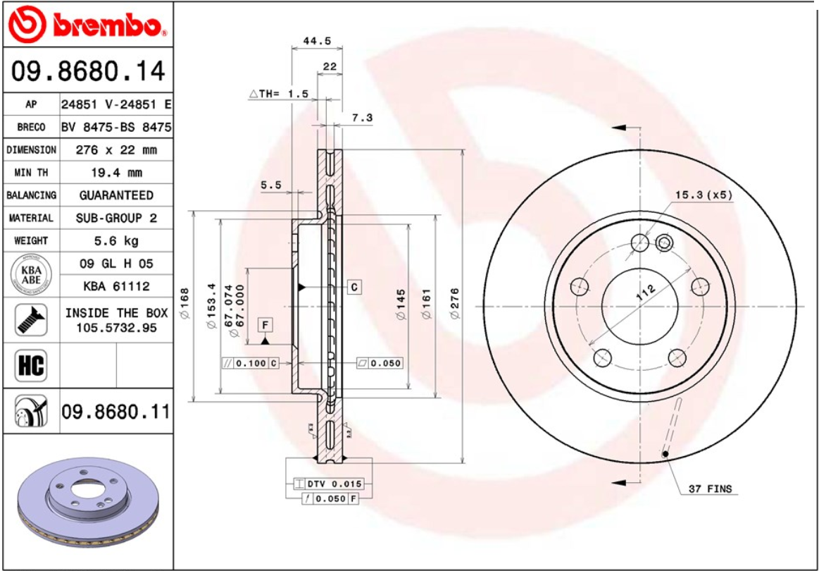 จานเบรค Mercedes-Benz W169 A170 (คู่หน้า) ปี 2005 - 2008 / Brembo