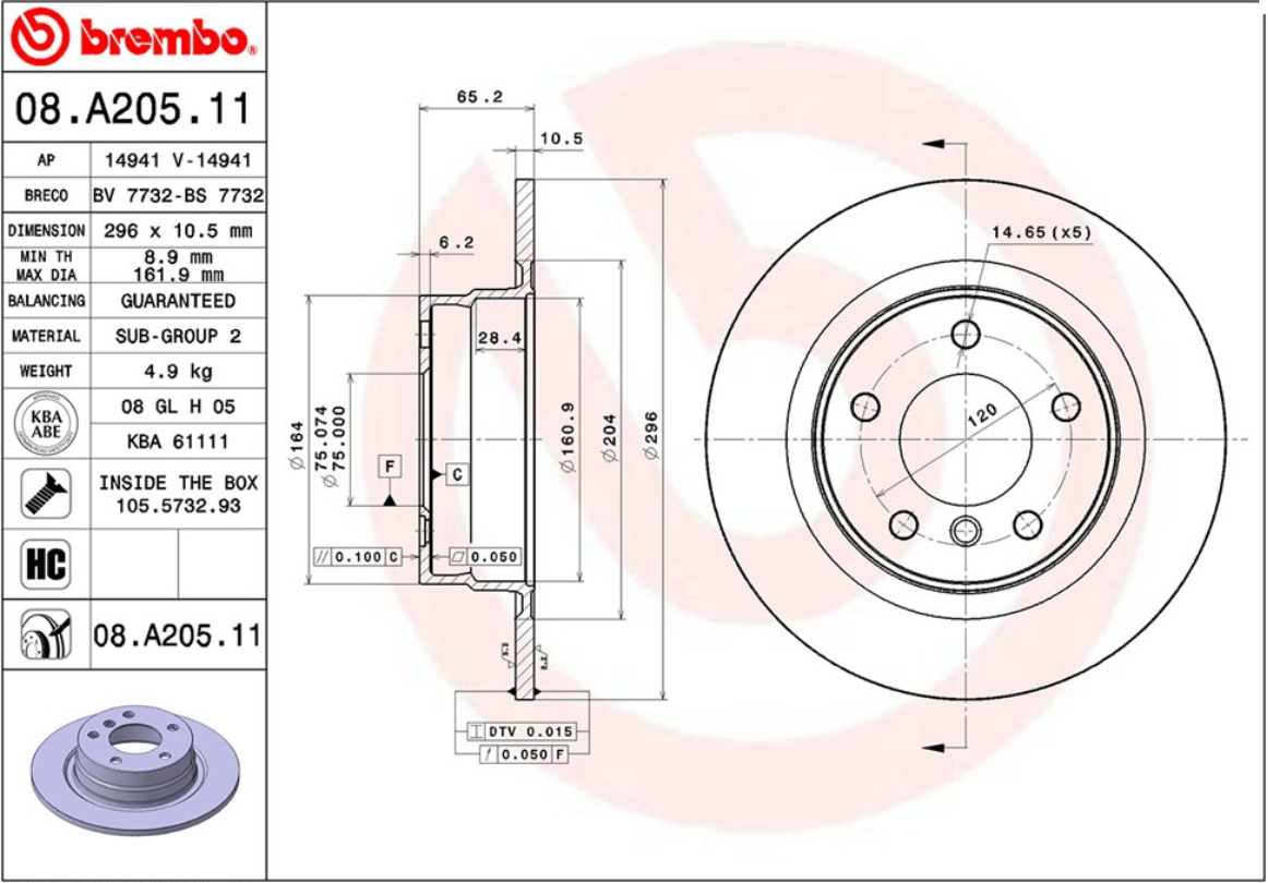 จานเบรค BMW E90 320i Series 1 E87 (คู่หลัง) ปี 2005 - 2011 / Brembo