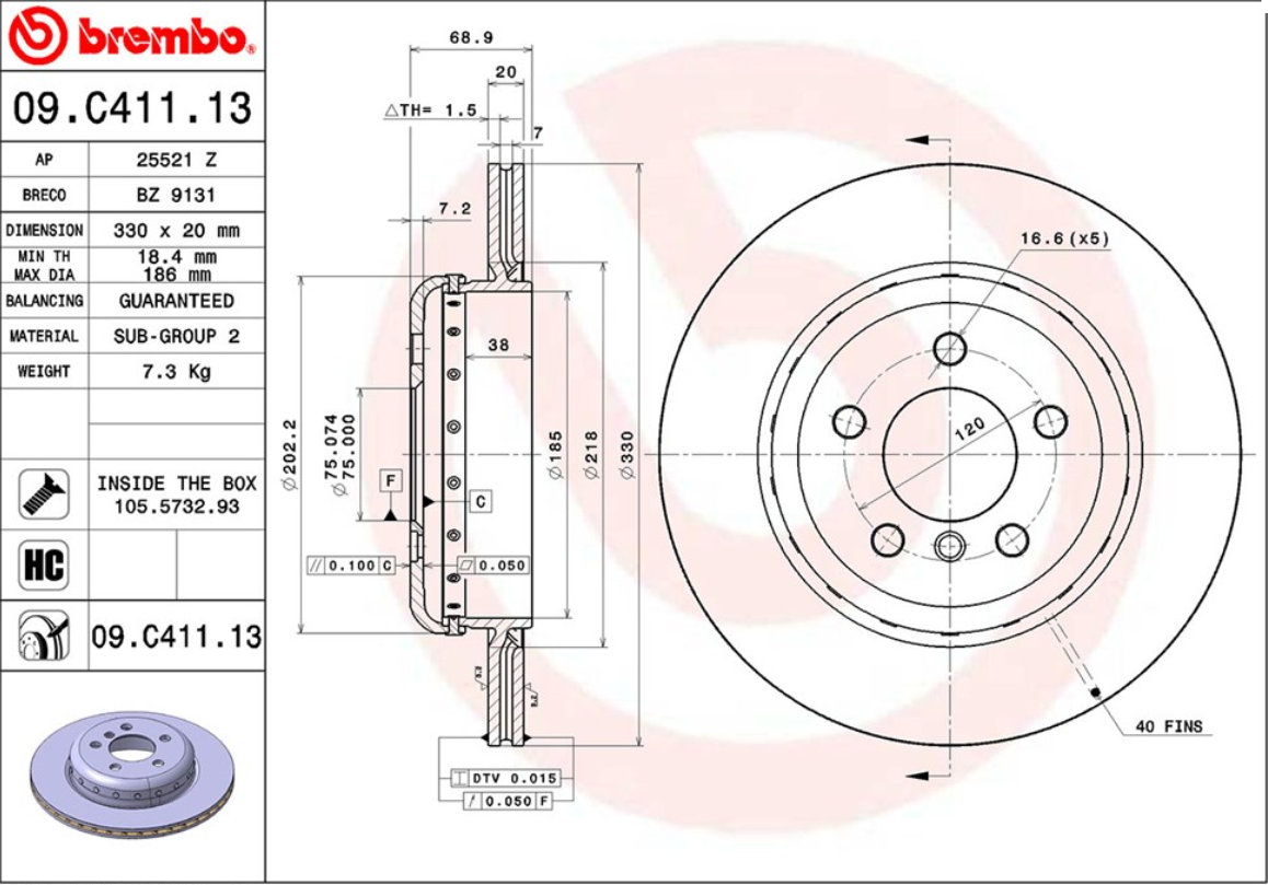 จานเบรค BMW F10/18/11 (คู่หลัง) ปี 2011 ขึ้นไป / Brembo