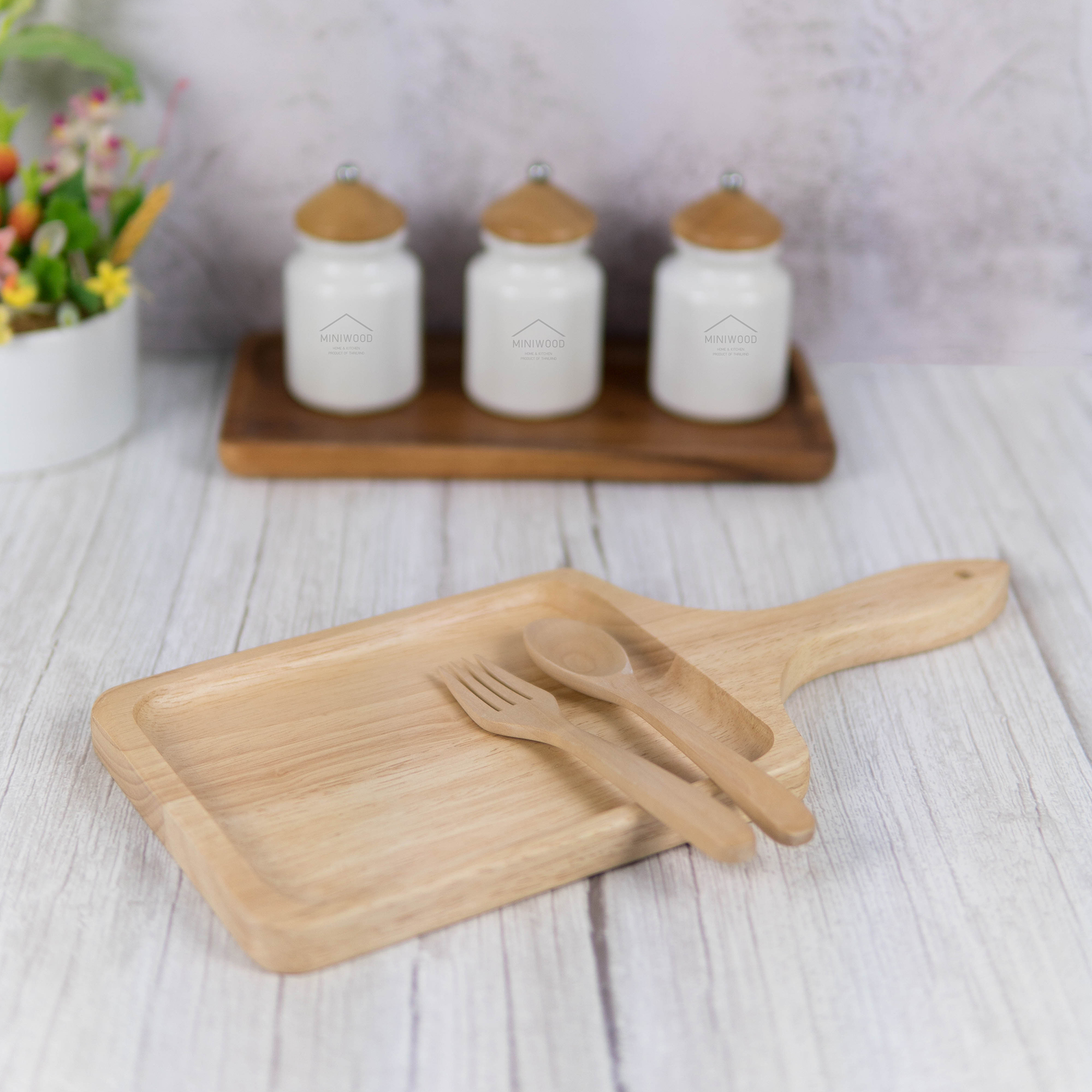 MINIWOOD จานไม้ มีด้ามจับ จานไม้ใส่อาหาร ถาดไม้ Food grade Wooden plate