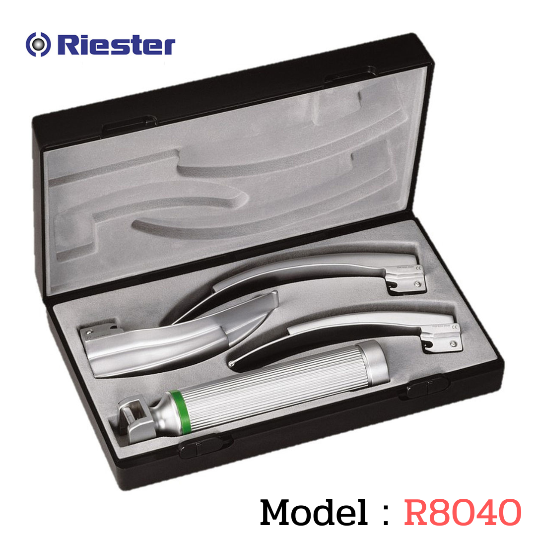 เครื่องมือส่องหลอดลม Laryngoscope รุ่น R8040 Macintosh (Fiber Optic) blade โค้ง 2,3,4 XL 2.5V C Handle (แบบหุ้มท่อนำแสง) Riester , Germany