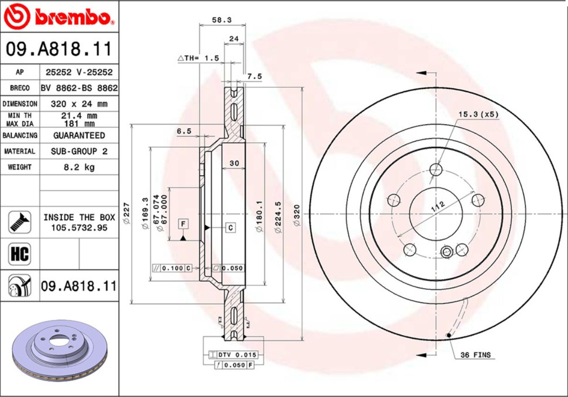 จานเบรค Mercedes-Benz W221 S250-600 (คู่หลัง) ปี 2006 - 2013 / Brembo