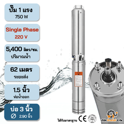 ปั๊มบาดาลไฟฟ้า AC 750W Single 220V ระยะ62m. บ่อ 3 นิ้ว