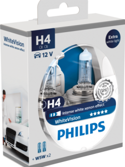 หลอดไฟรถยนต์ Philips H4 White Vision 12V 60/55W แพ็คคู่ + W5W