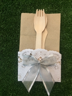 เซ็ทชุด ช้อนไม้ +ส้อม+มีด ตกแต่งด้วยโบว์